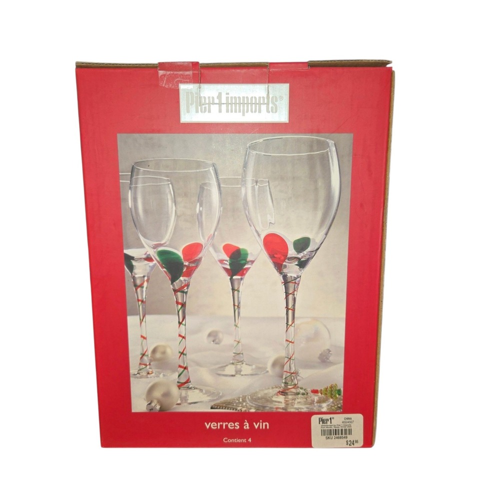 Pier 1 Wine Glasses 4pc Set Red Green Christmas Handblown Applied Glass 450/4507